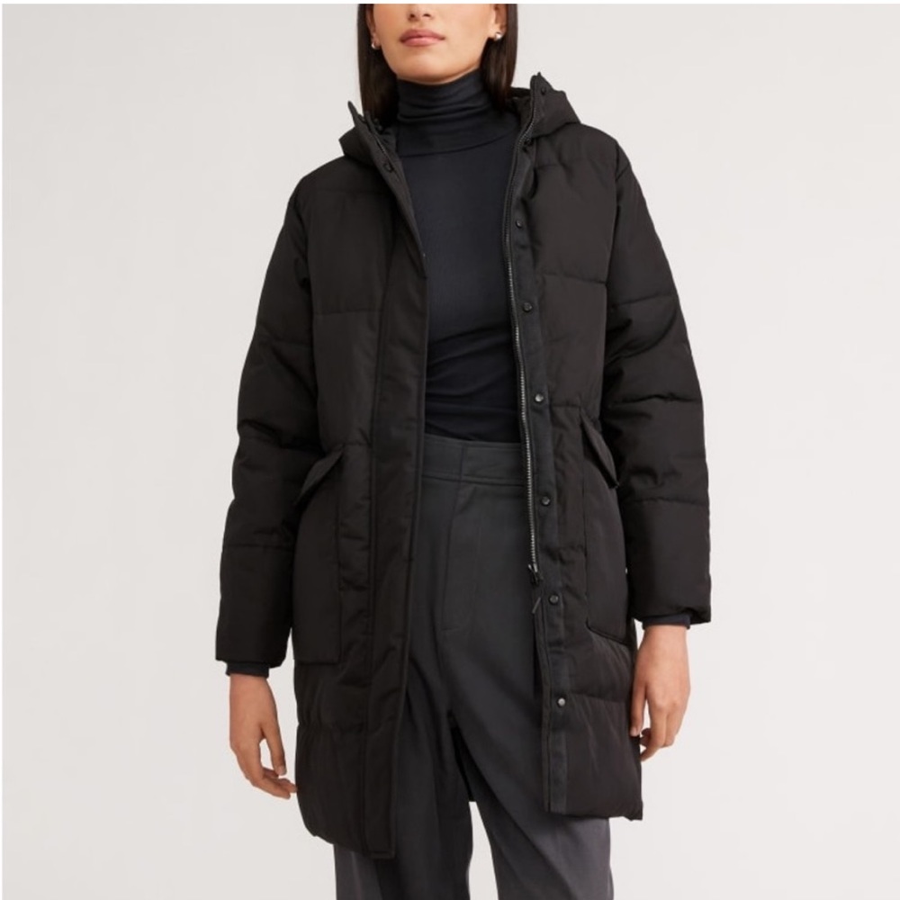 Everlane The Renew Long Puffer Jacket Coat Black Womens S Black Hooded